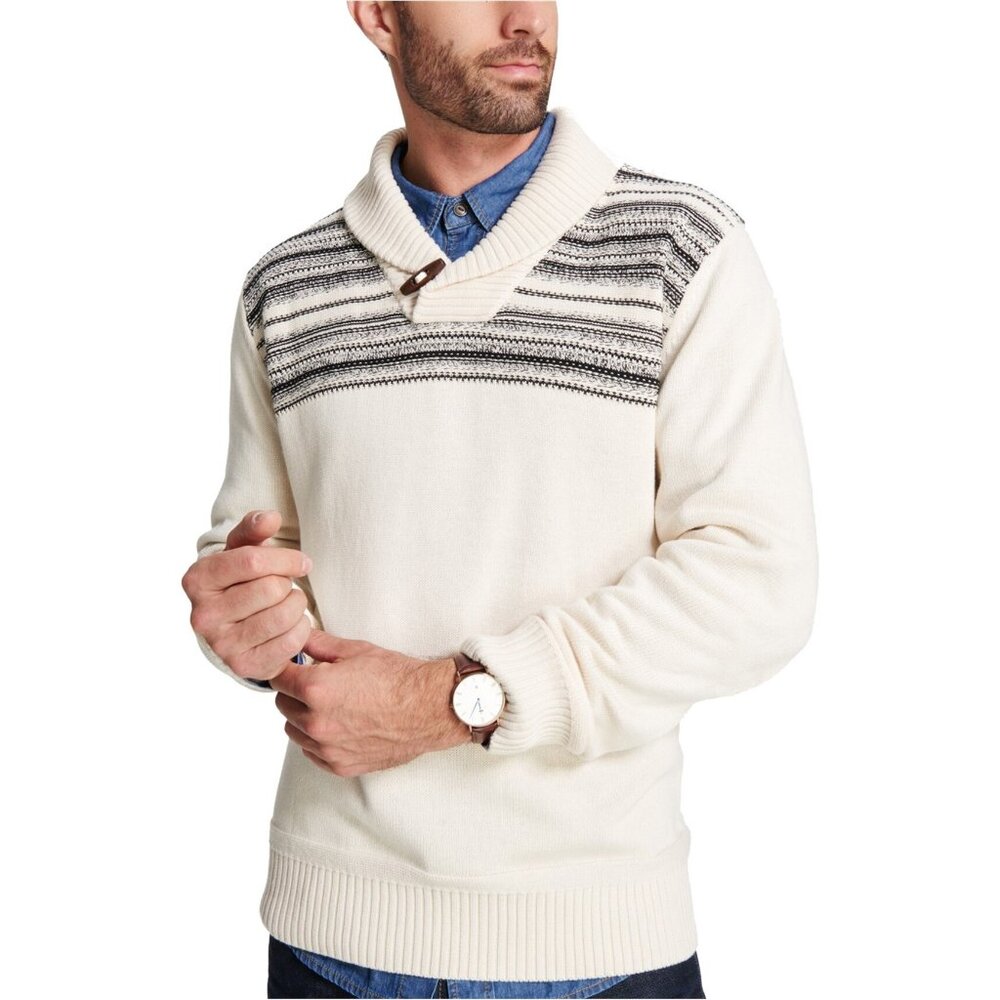 Weatherproof Vintage Men's Fair Isle Shawl Collar Sweater XL Cream Preppy Cotton
